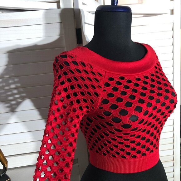 Vintage Red Y2K Mesh Top Fishnet Stretch Long Sleeve Size S M - Picture 4 of 9